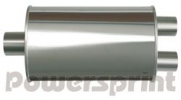 Universal Schalldämpfer oval, Y-Führung, Ø 76 mm auf Ø 2x60 mm - Gesamtlänge 470 mm