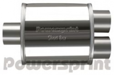 Short Box Schalldämpfer oval, Y-Führung, Ø 76 mm auf Ø 2x60 mm - Gesamtlänge 370 mm